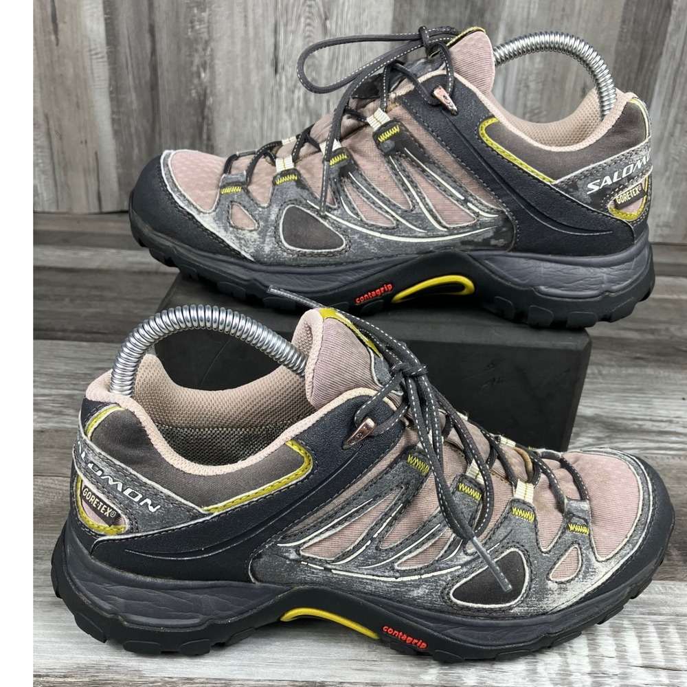 Salomon Ellipse GTX Womens 8.5 Hiking Shoes Brown Gray Yellow Gore-Tex 308937